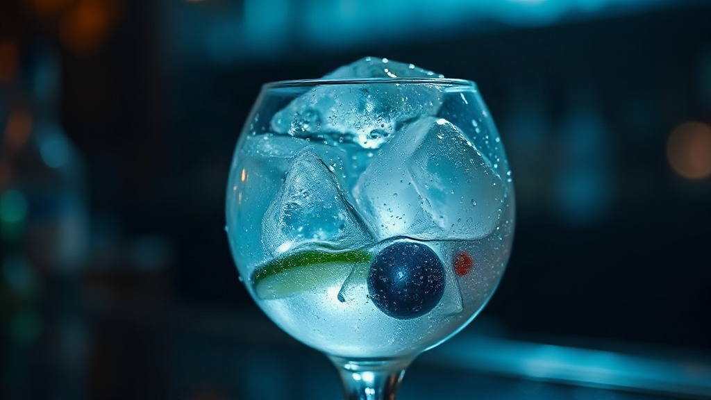 Clear cocktail ice in a dim bar