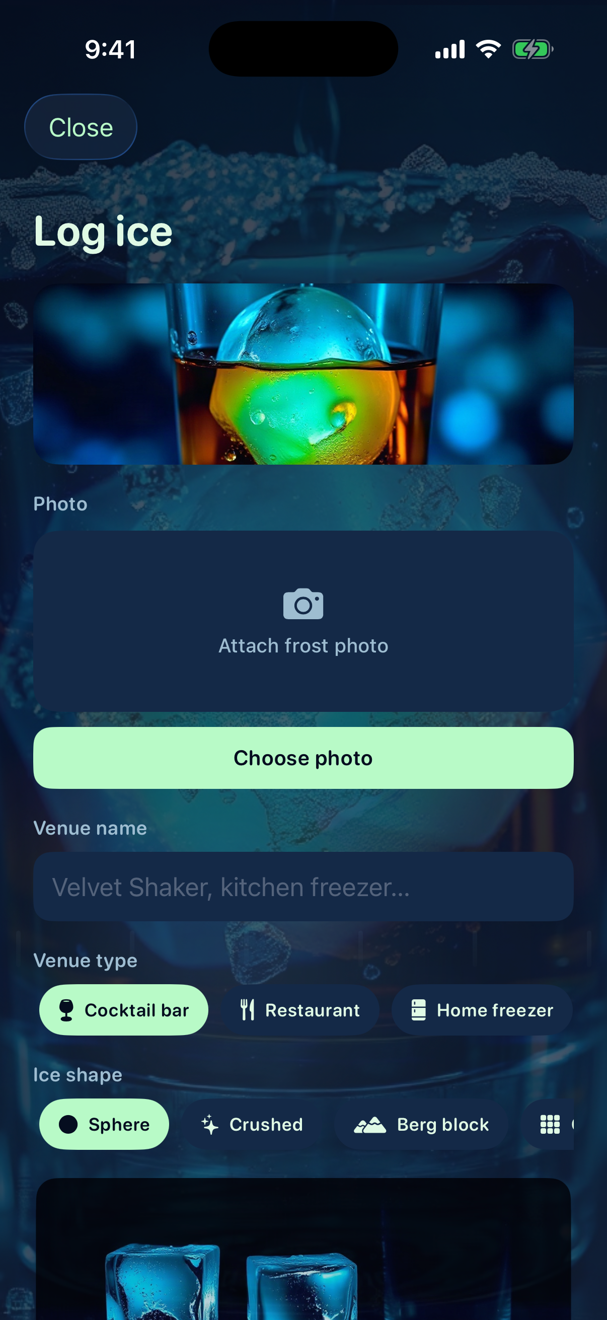 Log ice form with venue and shape